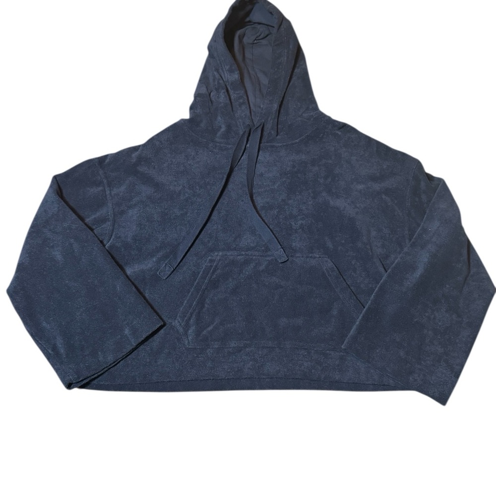 Vince Women's Deep Blue Cropped Cotton Hoodie Sweater Size Small Brushed
